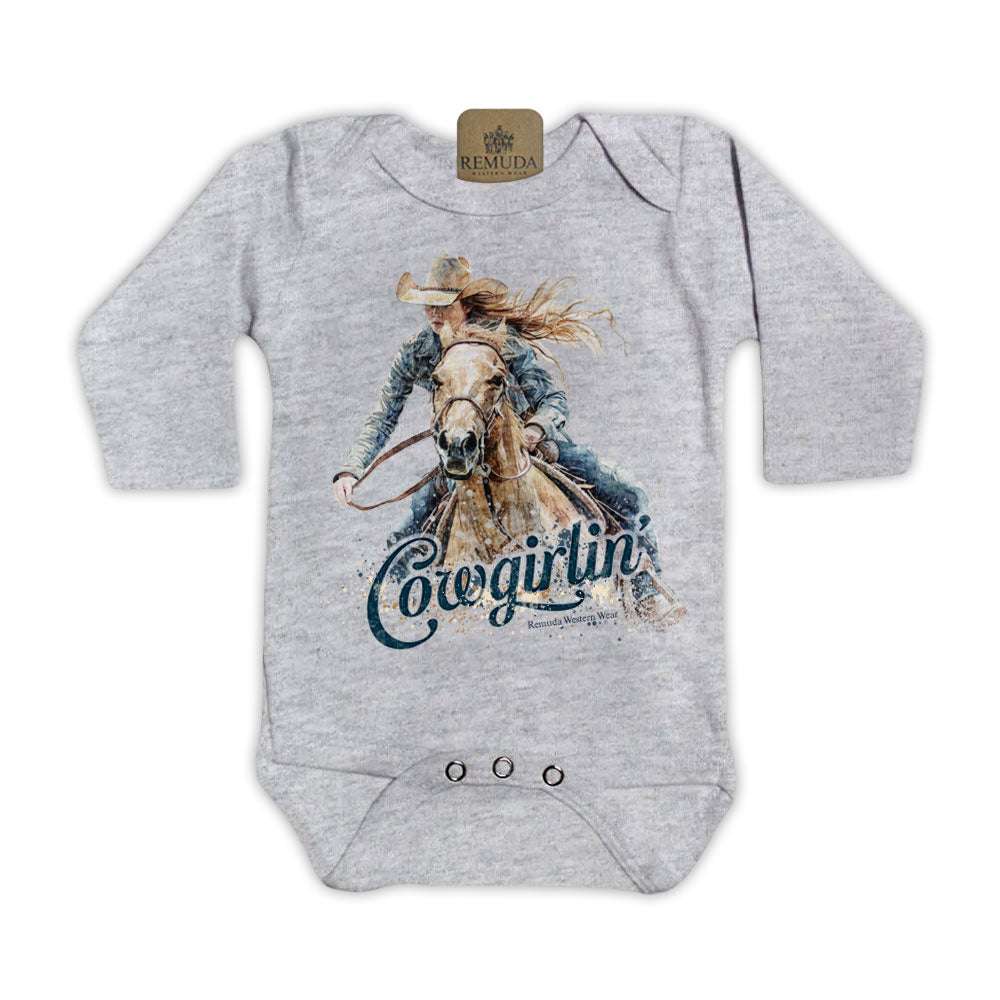 Cowgirlin' Long Sleeve Infant Western One Piece Romper Gray