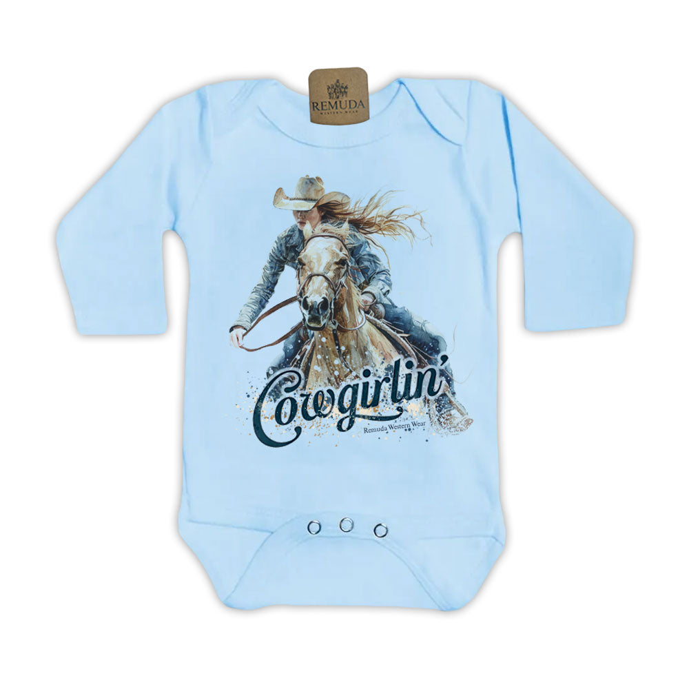 Cowgirlin' Long Sleeve Infant Western One Piece Romper Light Blue