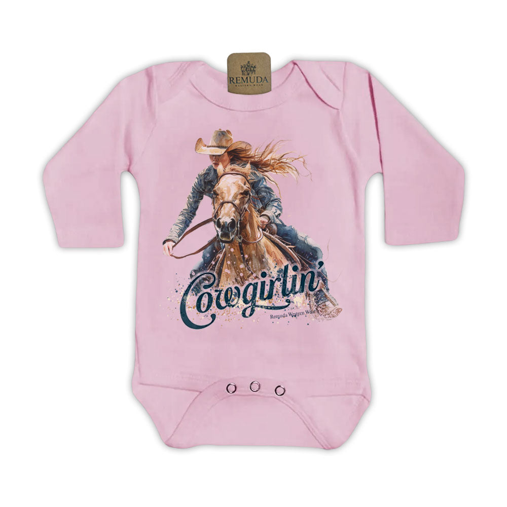 Cowgirlin' Long Sleeve Infant Western One Piece Romper Pink