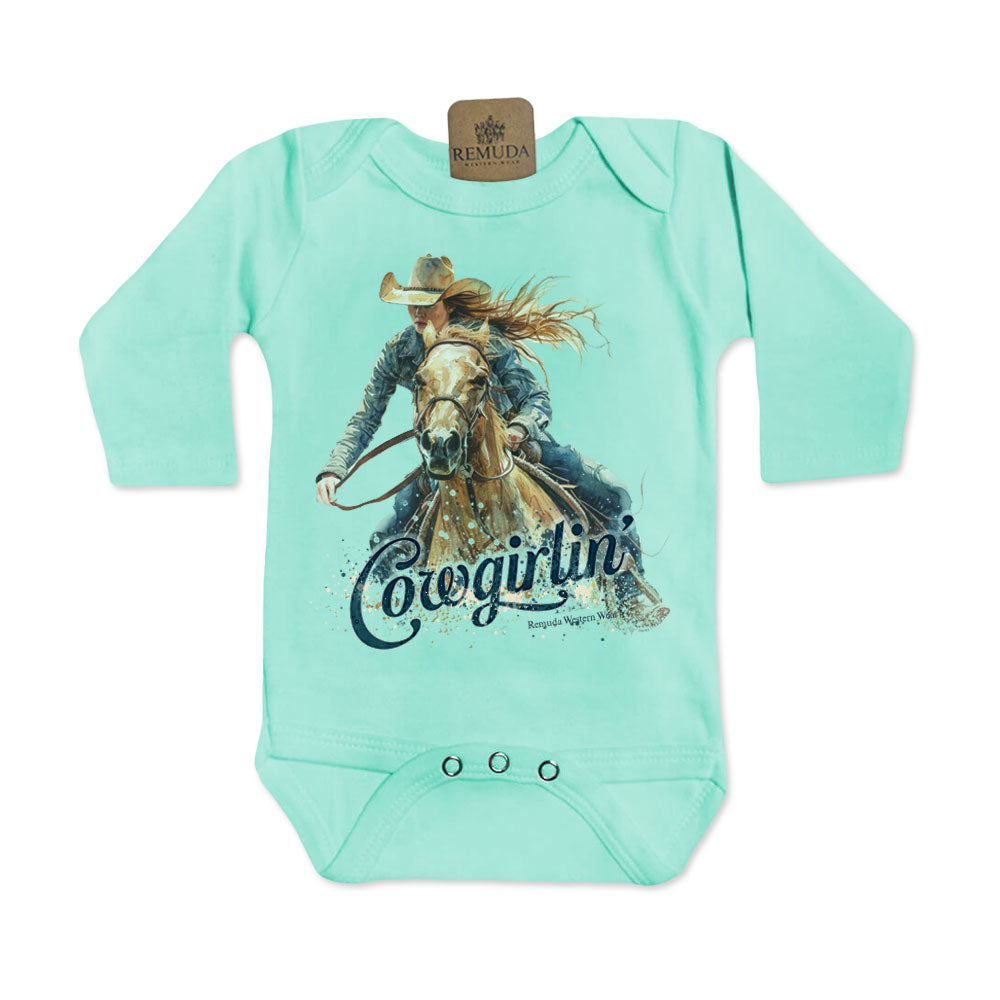 Cowgirlin' Long Sleeve Infant Western One Piece Romper Turquoise