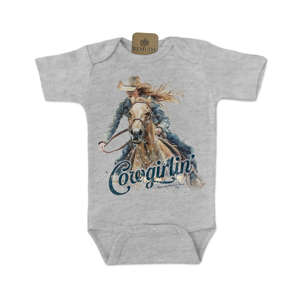 Cowgirlin' Infant Western One Piece Short Sleeve Romper Gray