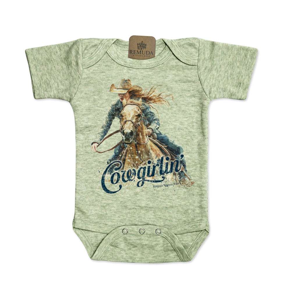 Cowgirlin' Short Sleeve Infant Western One Piece Romper Sage Green