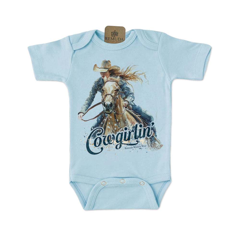 Cowgirlin' Short Sleeve Infant Western One Piece Romper Light-Blue