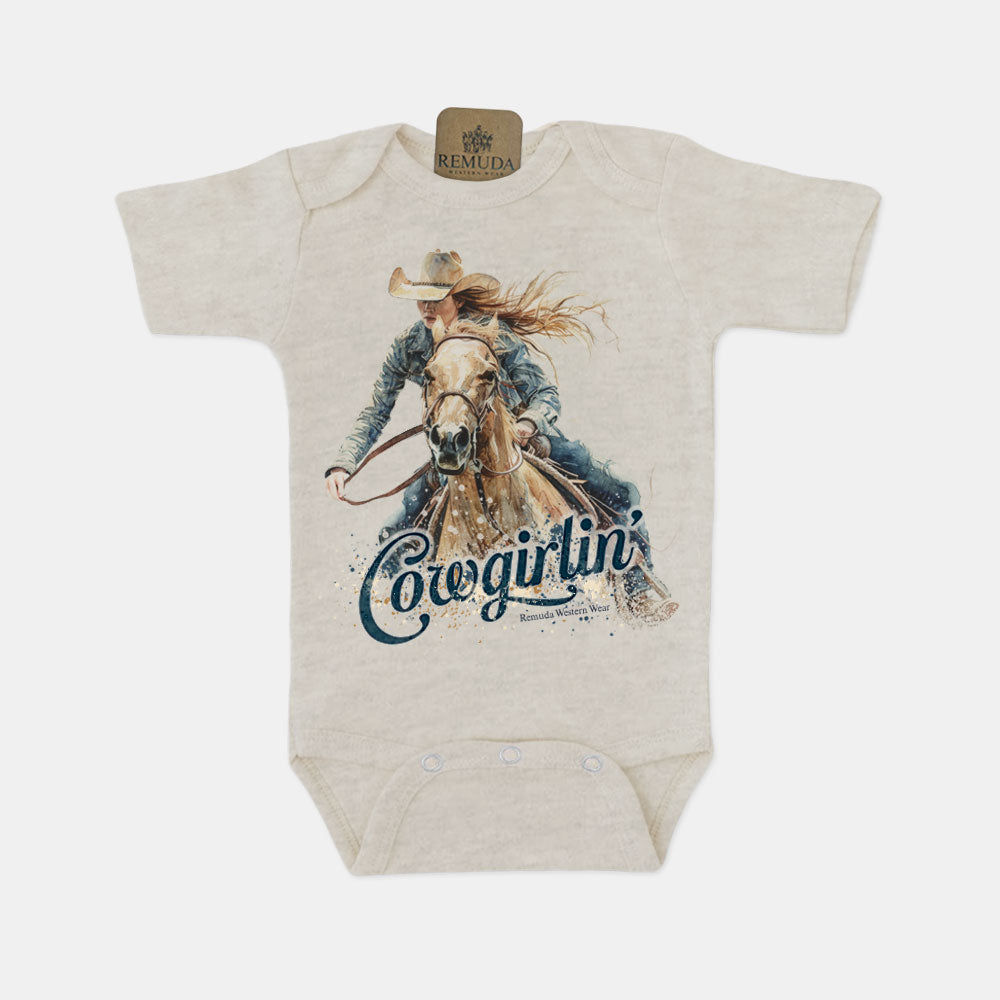 Cowgirlin' Infant Western One Piece Short Sleeve Romper Oatmeal