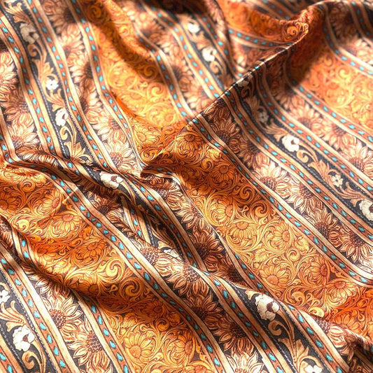 Elegant Tooled Leather Wild Rags with Turquoise Buckstitch and Sunflowers in Orange Black Turquoise and Gold