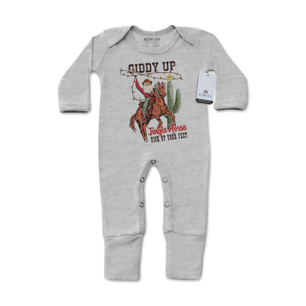 Giddy Up Jingle Horse Infant Western One-Piece Footed Christmas Pajamas W/Mittens Heather Gray