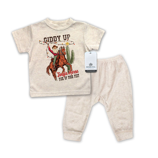 Giddy Up Jingle Horse Infant Western 2-Piece Sleepwear Pajamas Oatmeal
