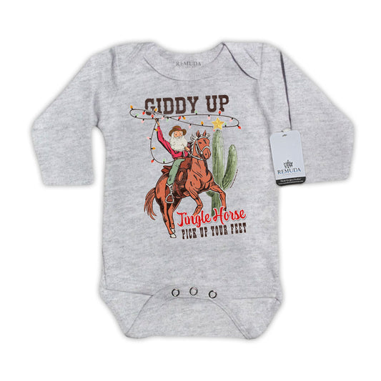 Giddy Up Jingle Horse Christmas Infant One Piece Long Sleeve Western Romper Heather Gray