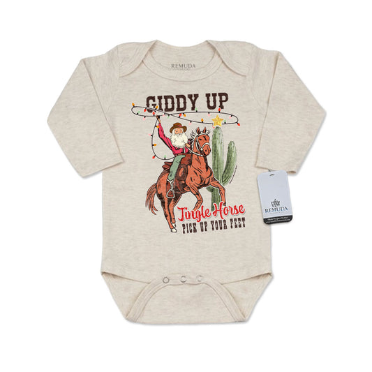 Giddy Up Jingle Horse Christmas Infant One Piece Long Sleeve Western Romper Oatmeal