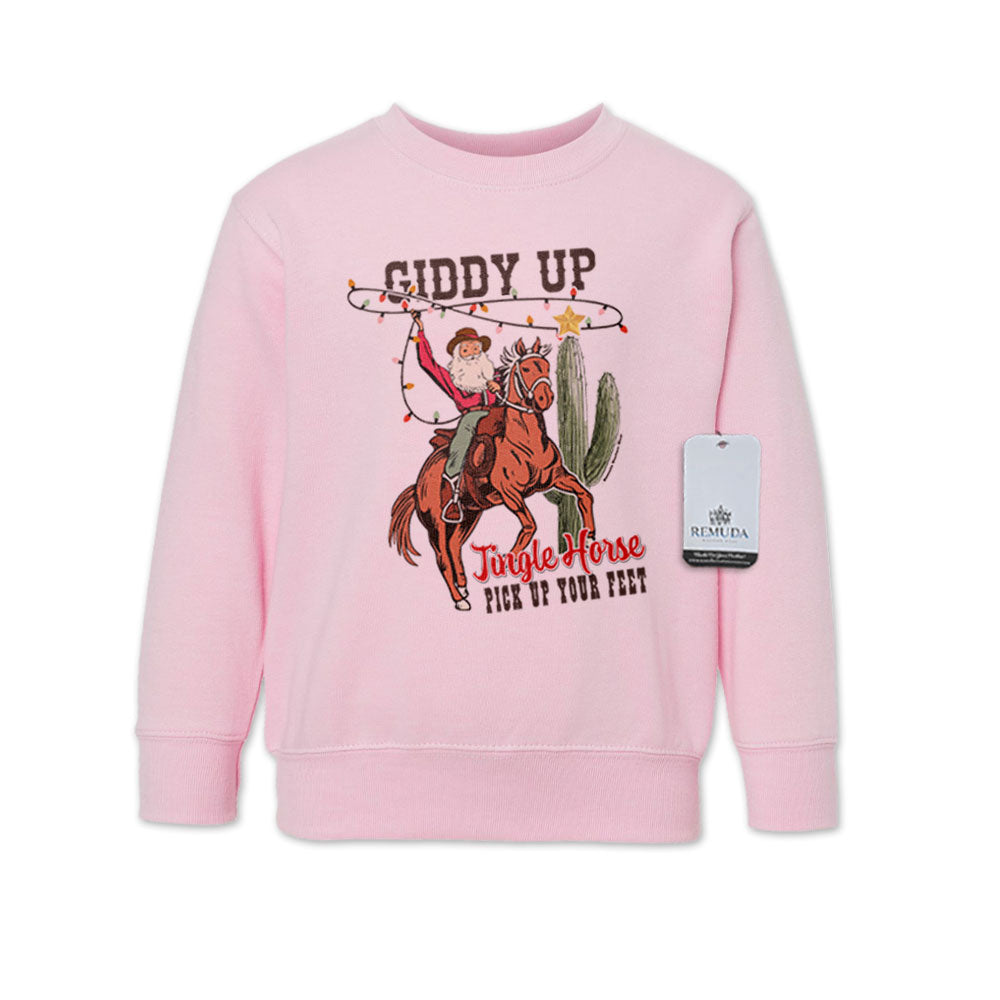 Giddy Up Jingle Horse Western Toddler Christmas Sweatshirt Pink