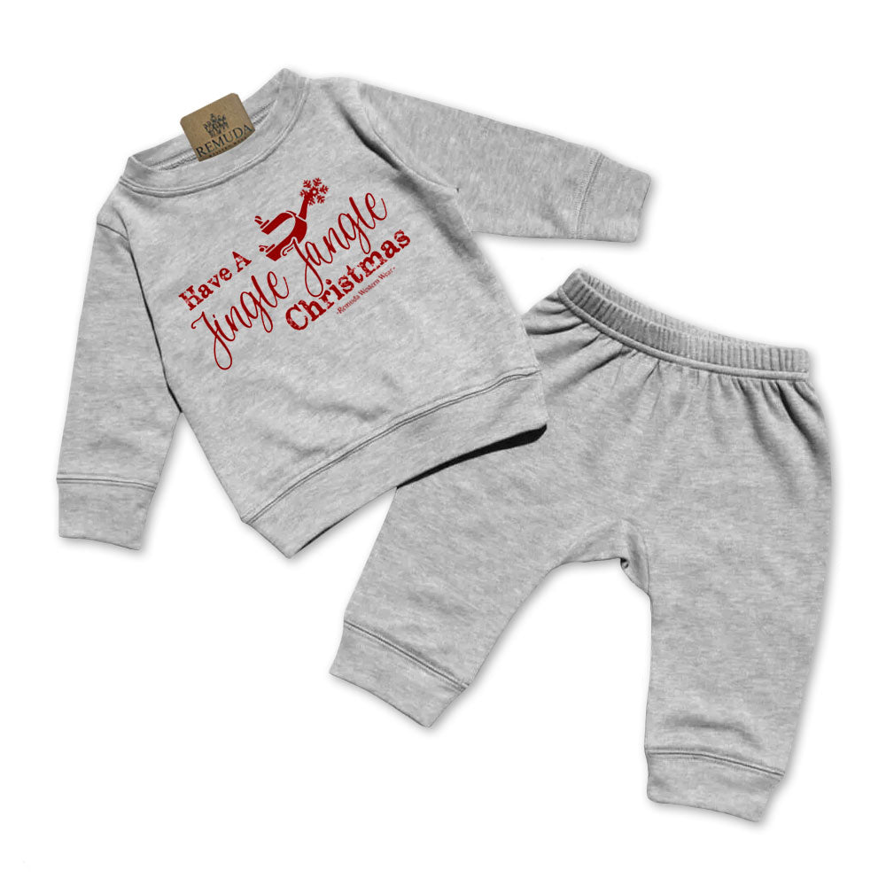 Have A Jingle Jangle Christmas Spur Infant Western two piece sweatsuit in the color Grey