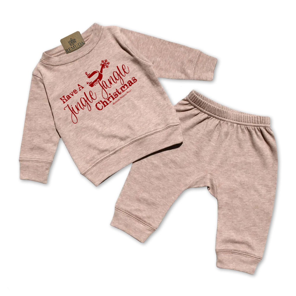 Have A Jingle Jangle Christmas Spur Infant Western two piece sweatsuit in the color Sandstone
