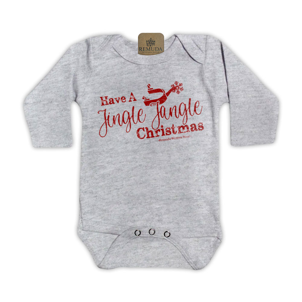 Have A Jingle Jangle Christmas Spur Infant Western Santa Long sleeve Onesie in the color grey