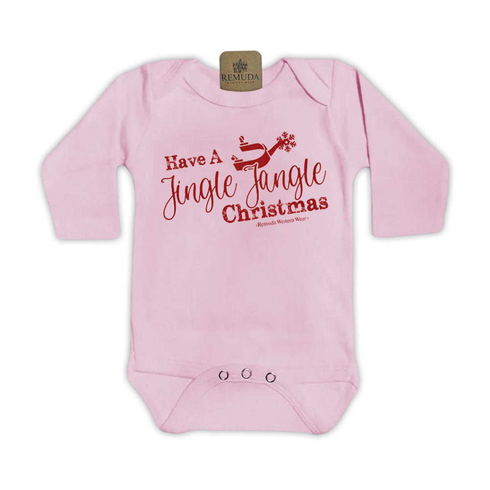 Have A Jingle Jangle Christmas Spur Infant Western Santa Long sleeve Onesie in the color Light Pink