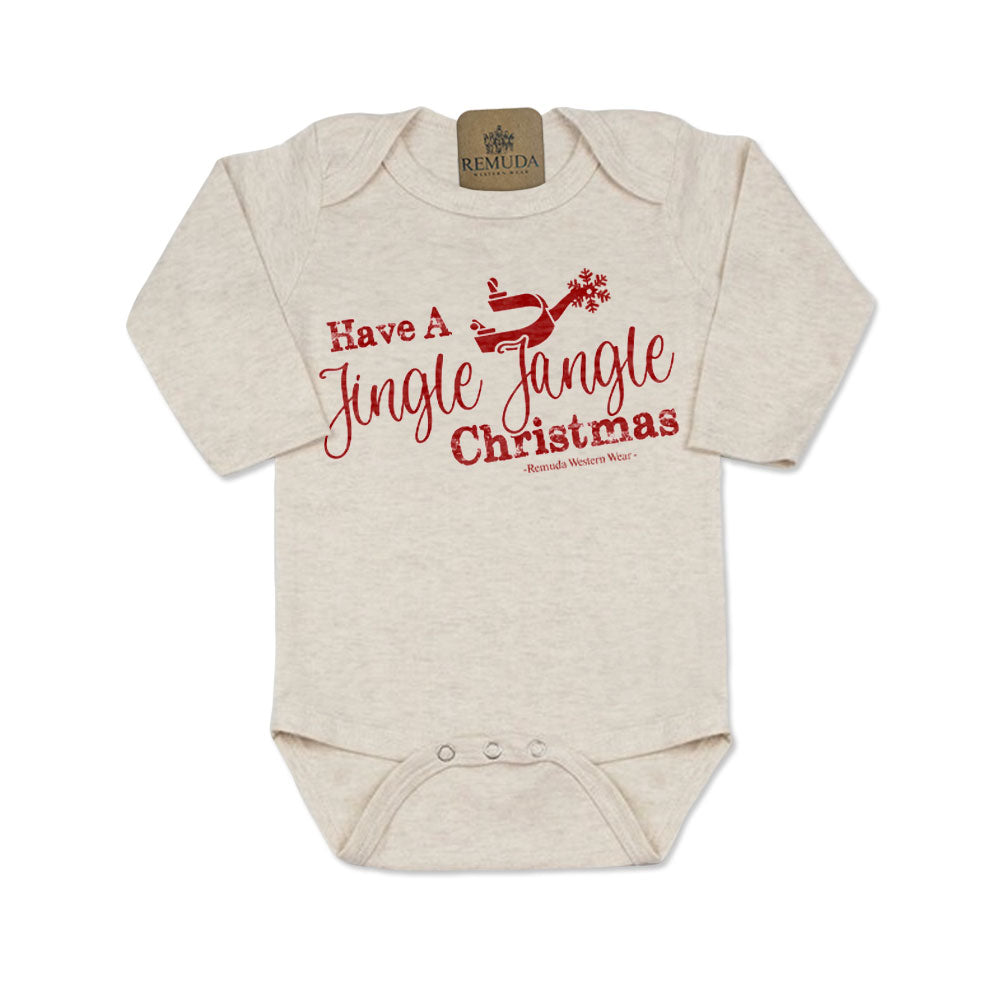 Have A Jingle Jangle Christmas Spur Infant Western Santa Long sleeve Onesie in the color Oatmeal