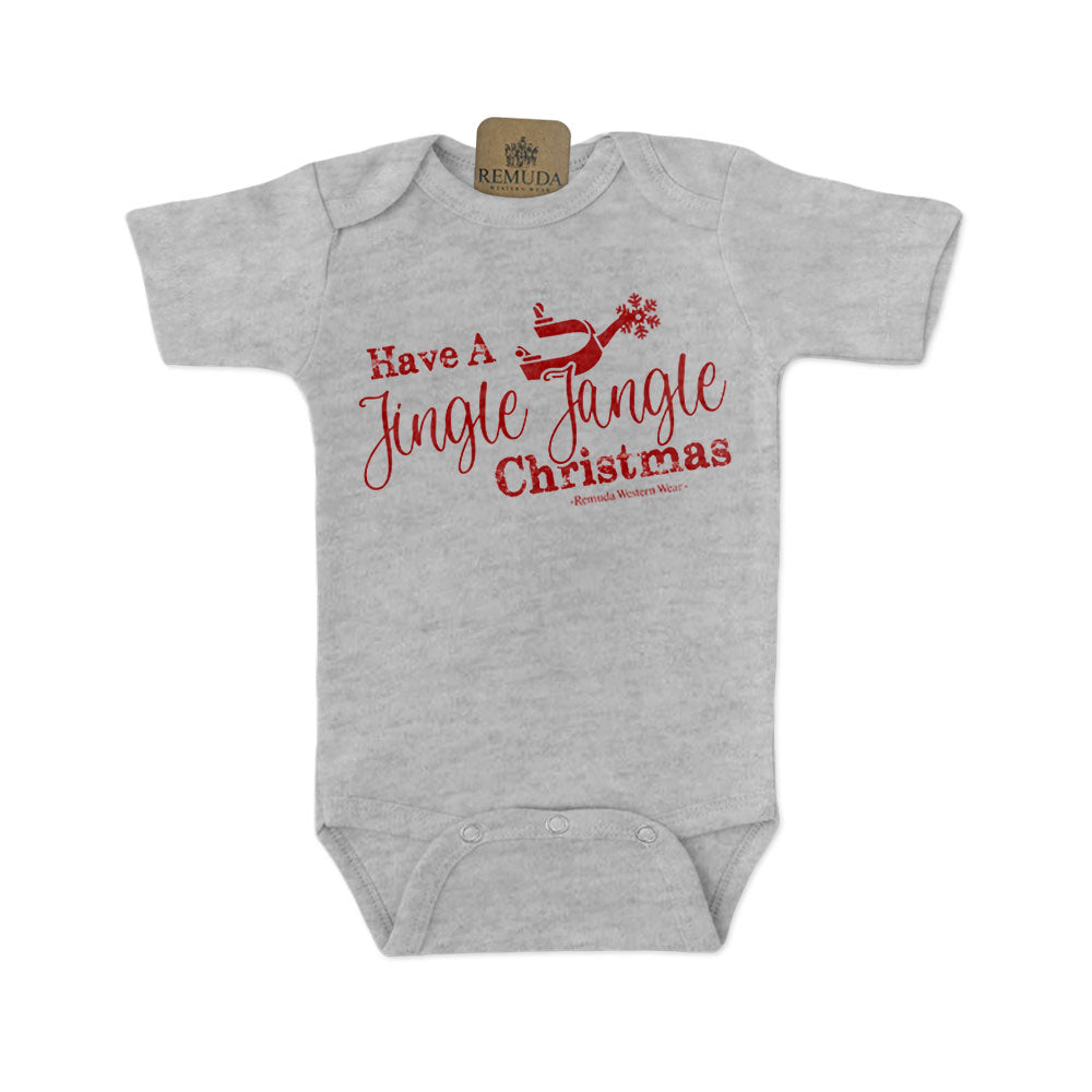 Have A Jingle Jangle Christmas Spur Infant Western Santa short sleeve Onesie in the color grey