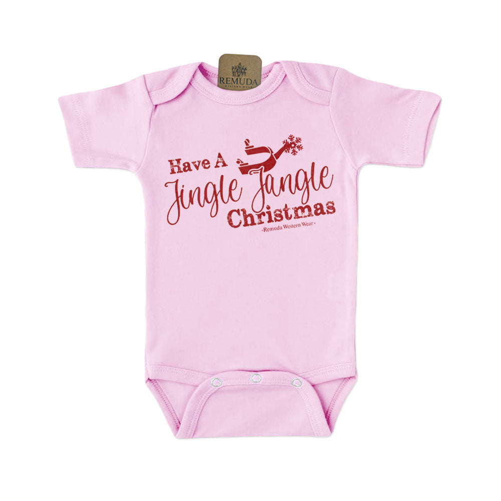 Have A Jingle Jangle Christmas Spur  Infant Western Santa short sleeve Onesie in the color Light Pink