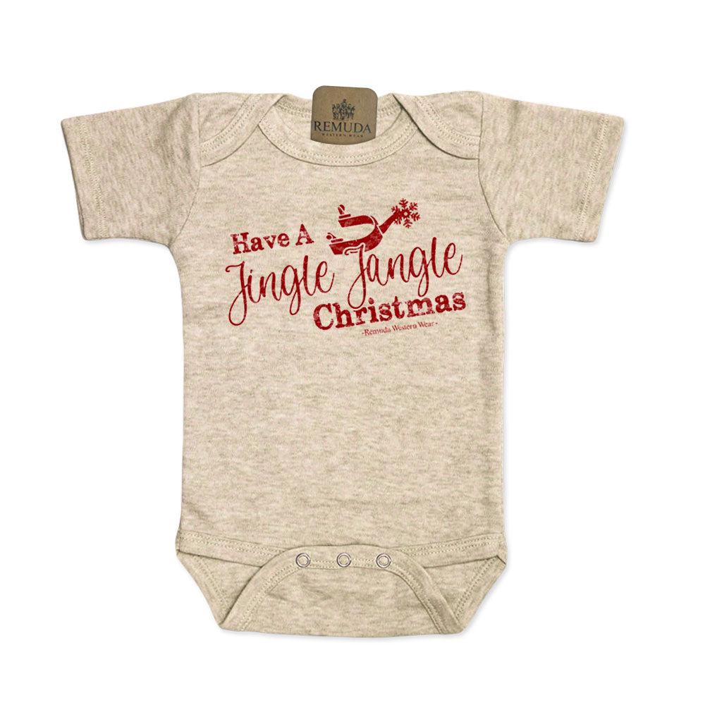 Have A Jingle Jangle Christmas Spur Infant Western Santa short sleeve Onesie in the color Oatmeal