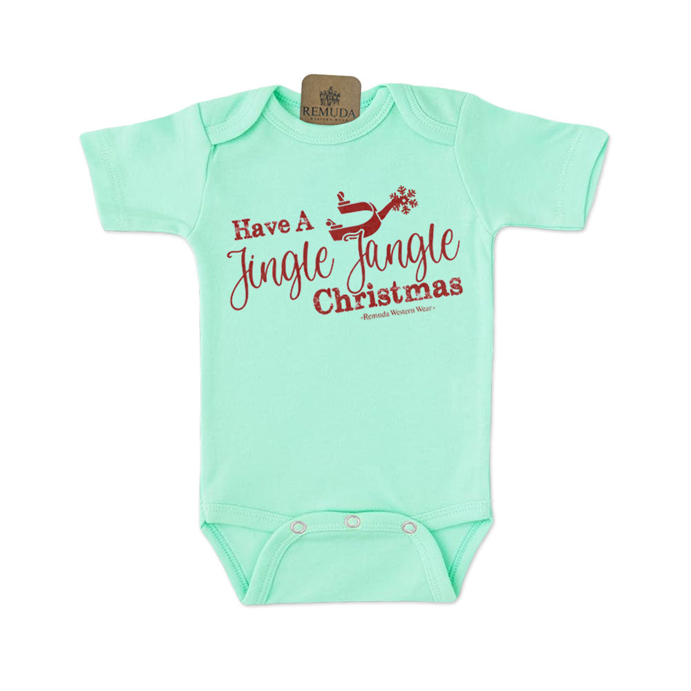 Have A Jingle Jangle Christmas Spur Infant Western Santa short sleeve Onesie in the color Turquoise