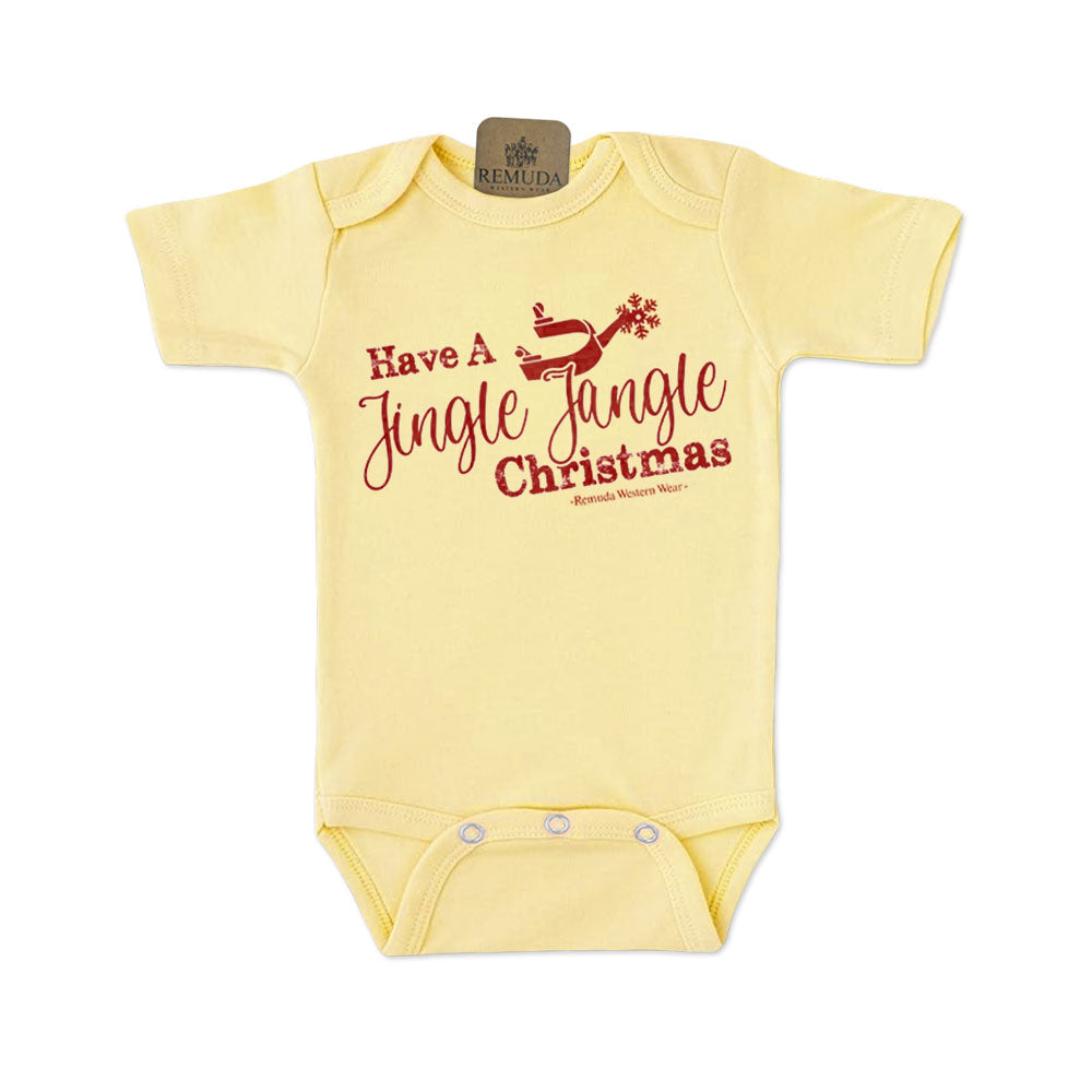 Have A Jingle Jangle Christmas Spur Infant Western Santa short sleeve Onesie in the color Light Yellow
