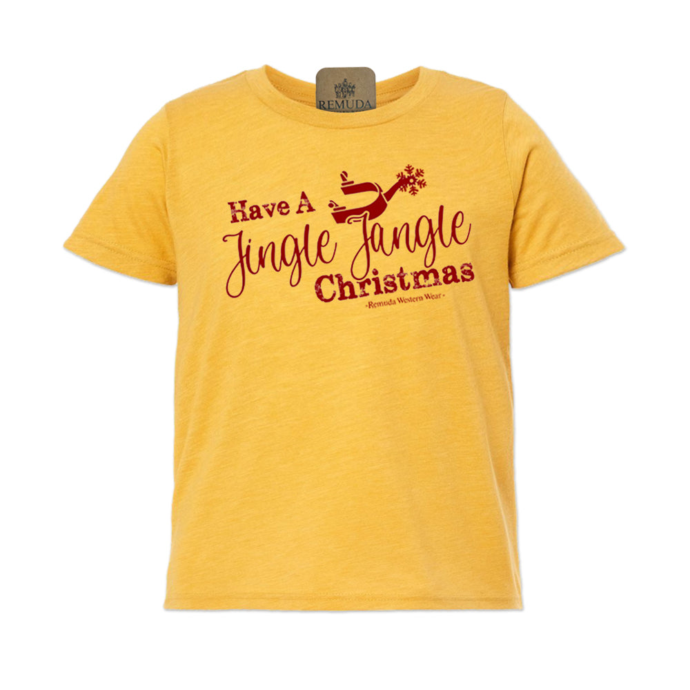 Have A Jingle Jangle Christmas Spur Youth Western Short Sleeve Tee in the color Mustard Yellow