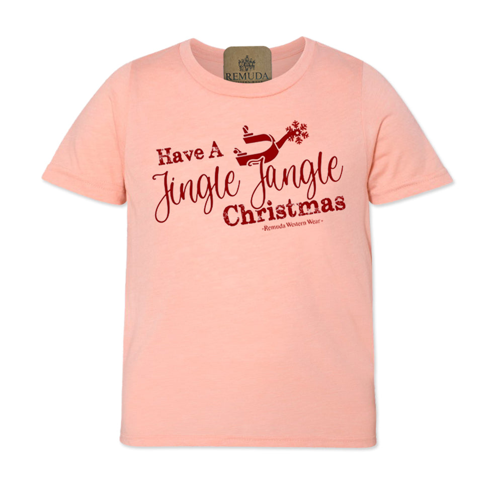 Have A Jingle Jangle Christmas Spur Youth Western Short Sleeve Tee in the color Peach