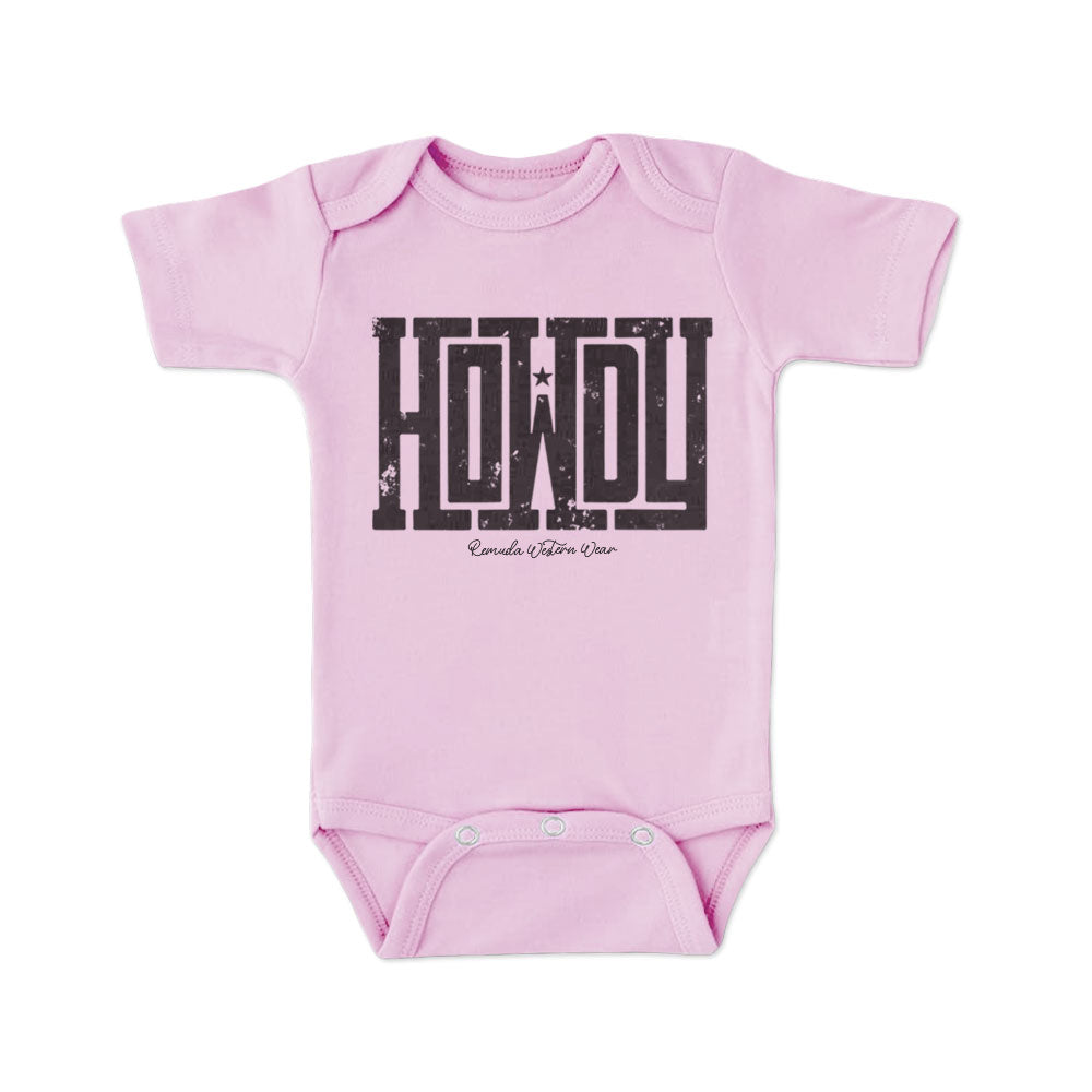 A western infant pink colored short sleeve onesie with the word Howdy on the front. A great trendy onesie romper bodysuit for western wear, ranch wear, rodeo wear for any li'l cowboy or cowgirl.
