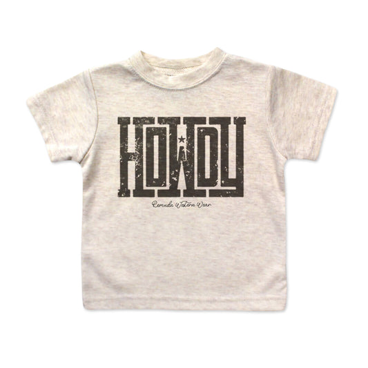 A western infant oatmeal colored t-shirt with the word Howdy on the front. A great trendy tee for western wear, ranch wear, rodeo wear for any cowboy or cowgirl.