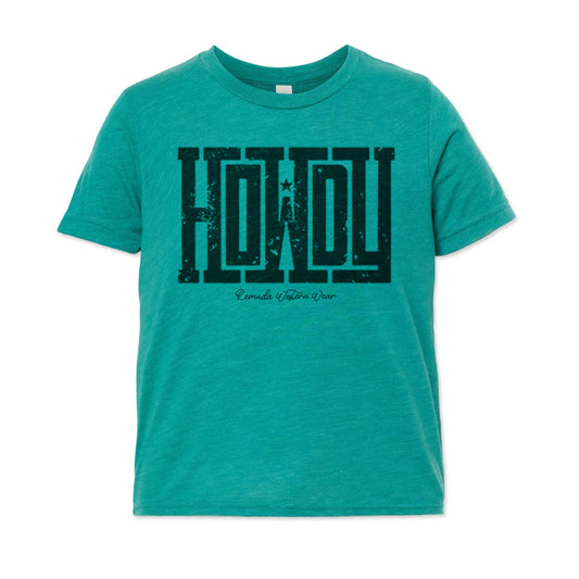 A western youth t-shirt with the word Howdy on the front. A great trendy teal colored tee for western wear, ranch wear, rodeo wear for any cowboy or cowgirl.
