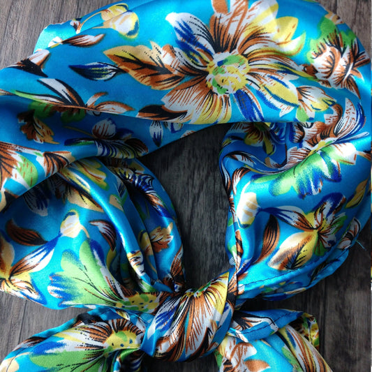 Bright Blue Wild Daisy Floral Print Cowboy Silk Charmeuse Wild Rag Western Neck Scarf Bandana