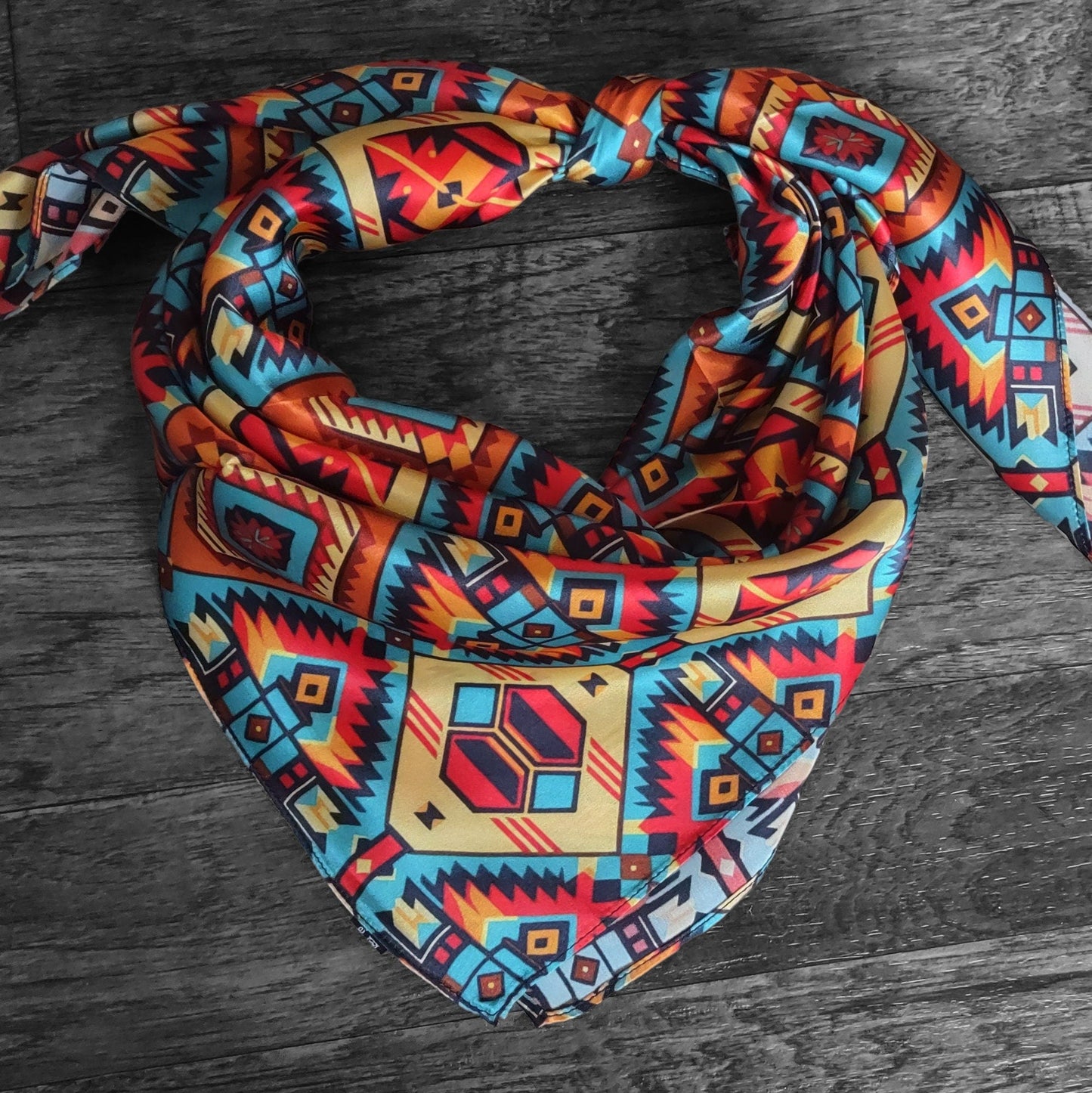 Silk Wild Rag Red, Yellow, Blue Aztec by Double B Wild Rags