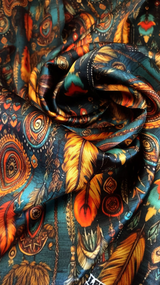 Wild Rag 100% SILK Teal and Orange Native Boho Feathers Neck Scarf Bandanna by Double B Wild Rags