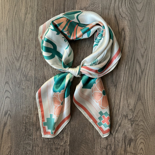 Wild Rag 100% SILK Desert Cowgirl Cactus Cowboy Neck Scarf Bandana Double B Ivory White, light teal blue, coral pink.