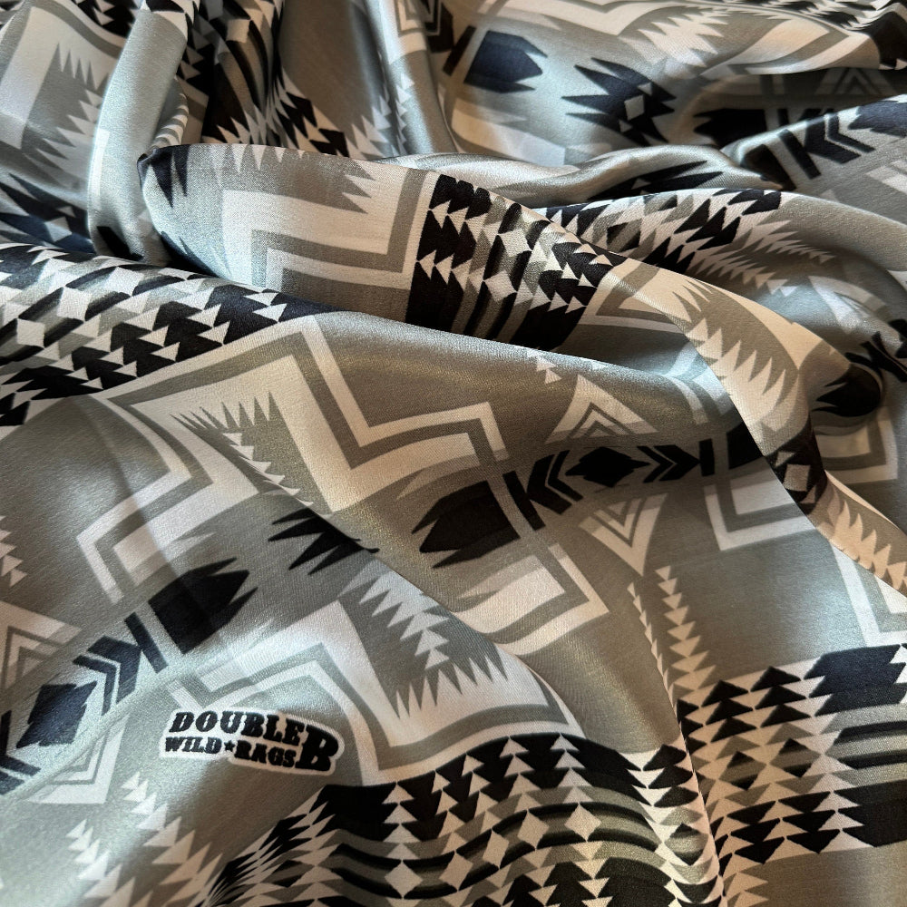 Silk Wild Rag Black and Silver Navajo Native Print by Double B Wild Rags with Shades of grey with black Navajo Cross close-up