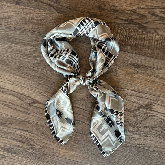 Silk Wild Rag Black and Silver Navajo Native Print by Double B Wild Rags with Shades of grey with black Navajo Cross Creative