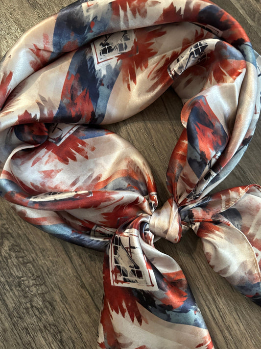 Silk Wild Rag Navy Blue Copper Ivory watercolor tribal print by Double B Wild Rags