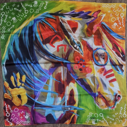 Art on a Scarf Wild Rag by BB Wyatt War Horse with war symbols multi colored neon red, green, yellow, orange, white close-up