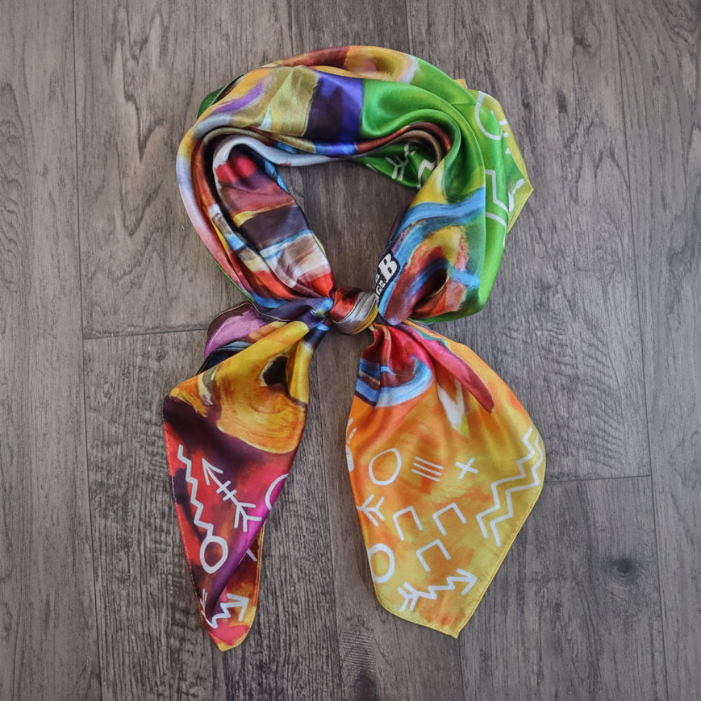 Art on a Scarf Wild Rag by BB Wyatt War Horse with war symbols multi colored neon red, green, yellow, orange, white