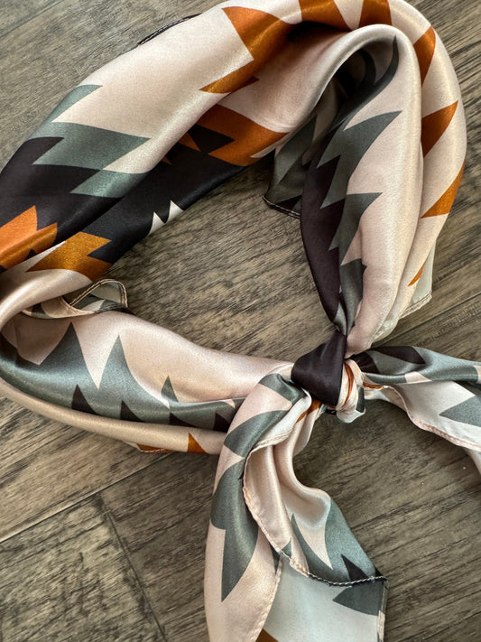 100% Silk Wild Rag Aztec Native tribal inspired pattern with brown, grey, tan, and black by Double B Wild Rags