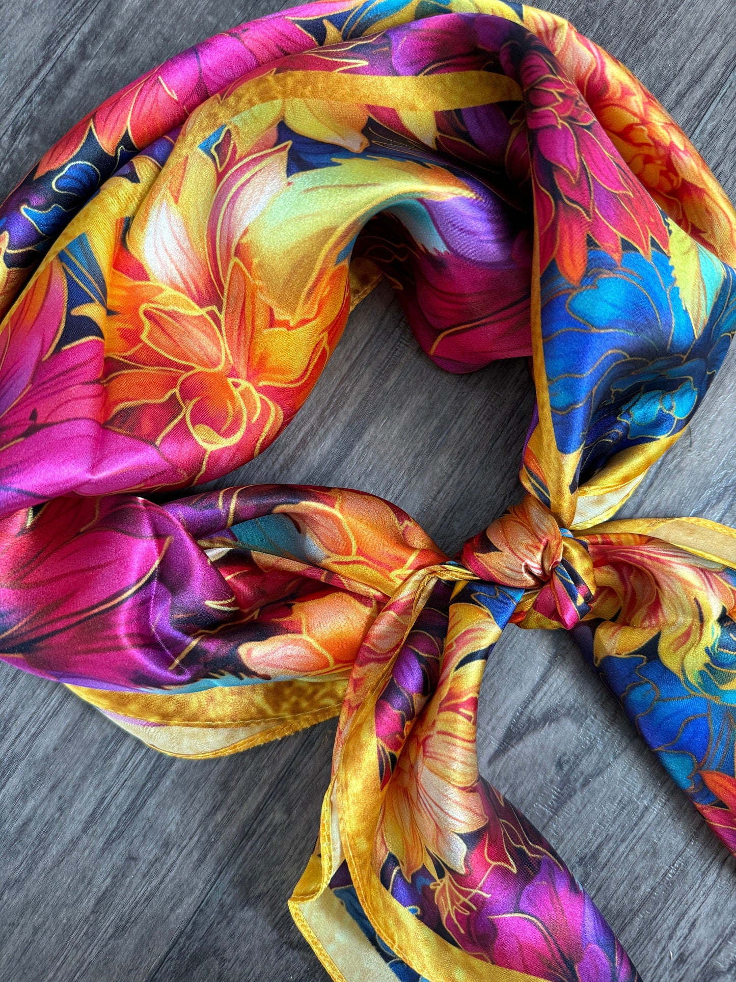 100% Silk Wild Rag “Golden Dahlias” pink purple blue orange yellow by Double B Wild Rags