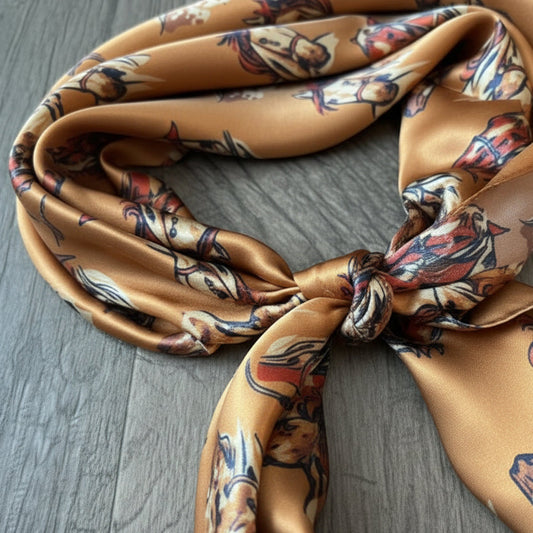 Close-up of a 100% Silk Wild Rag Double B Neck Scarf Bandana with Hand drawn horse heads Cow Ponies scattered over a dark gold background.