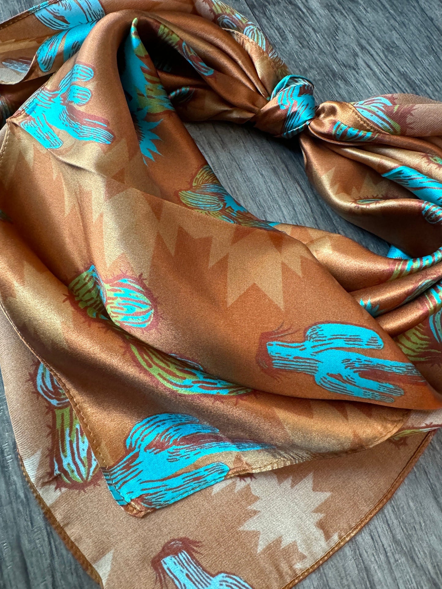 100% Silk Wild Rag “Rusty Cactus” by Double B Wild Rags dark rust orange, turquoise blue, light green