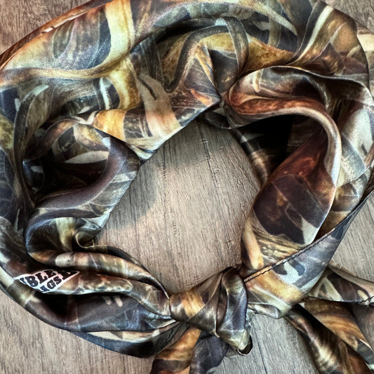 Wild Rag 100% SILK 834 Deer Antler Camo Camouflage Cowboy Western Neck Scarf Bandana Wild Rag with Deer Antler Camouflage Dark green, browns, and gold pattern close-up