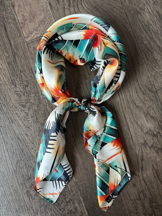 100% Silk Wild Rag Aztec Native Orange Teal and White by Double B Wild Rags