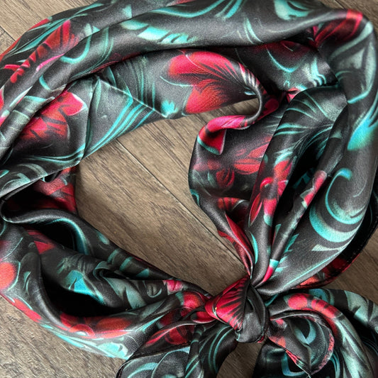 Close-up of 100% Silk Wild Rag Cranberry Red Teal Black 3D Floral pattern Double B Neck Scarf Bandana