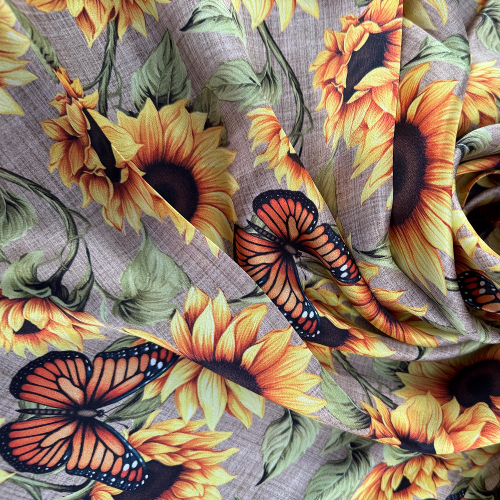 Close-up of 100% Silk Wild Rag Butterflies Sunflowers and Burlap Neck Scarf Bandana by Double B Wild Rags with Yellow Sunflowers, Monarch Butterflies, Burlap tan pattern