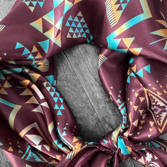 100% Silk Wild Rag Plum and Turquoise Native Tribal Print by Double B Wild Rags Neck Scarf Bandana