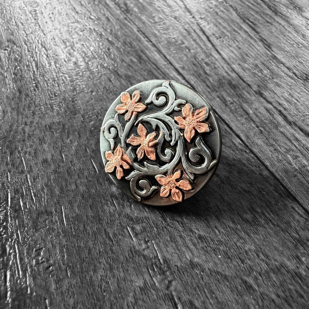 100% Silk Wild Rag Scarf Slide Keeper Brooch by Double B Wild Rags Rose Gold and Antique Silver Floral Design