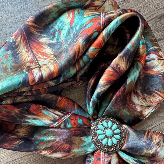 Close-up of 100% Silk Wild Rag Deep Rust Brown Teal Feathers Neck Scarf Bandana Double B
