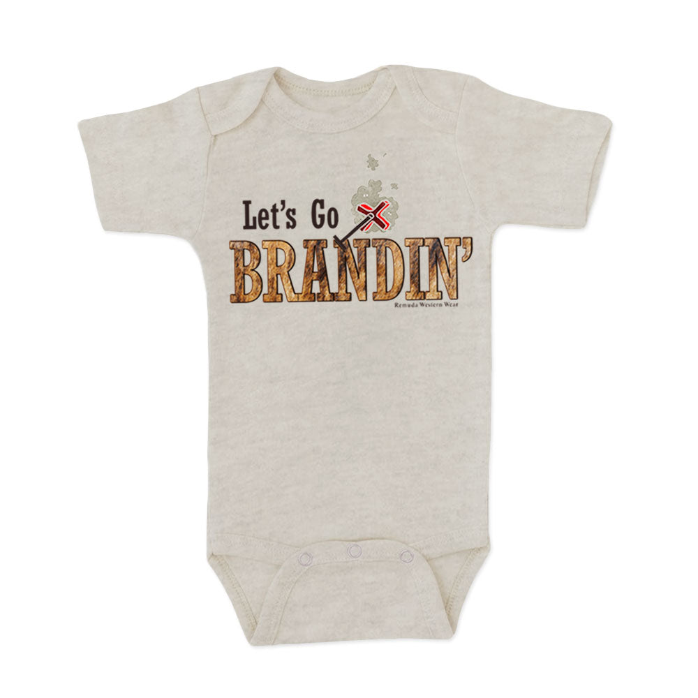 A stylish western-themed oatmeal colored infant short sleeve one piece romper bodysuit featuring the phrase 'Let's Go Brandin'' prominently printed in bold, weathered letters across the chest. Above the shirt is is an illustration of a branding iron, evoking a rustic cowboy aesthetic. Kids Western wear, Ranch wear and Rodeo wear.
